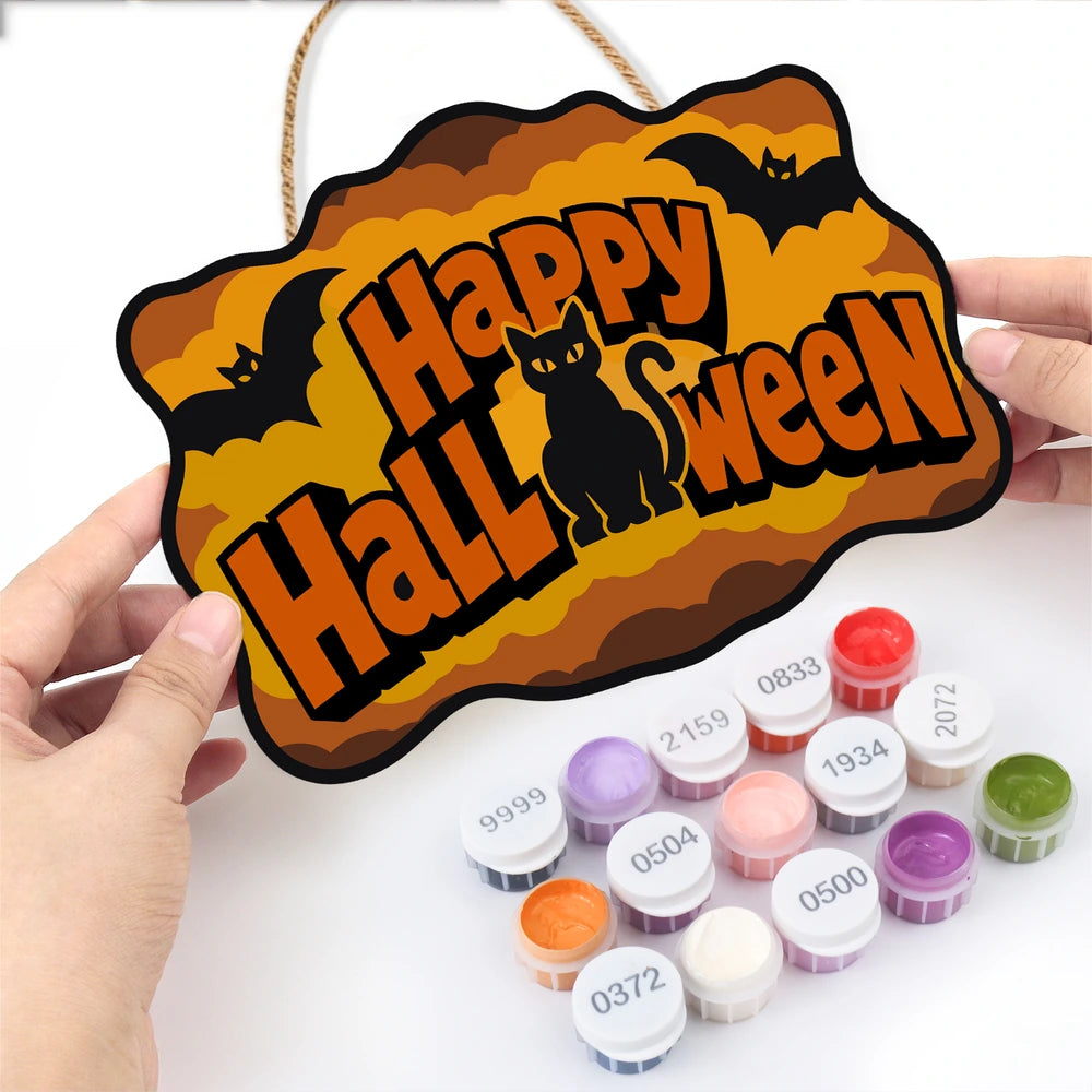 Paint by Numbers - Wooden Door Hanger | Happy Halloween Black Cat