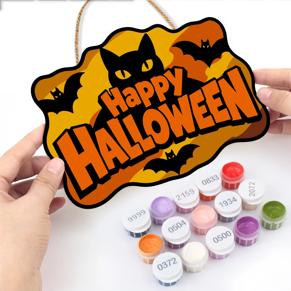 Paint by Numbers - Wooden Door Hanger | Happy Halloween Black Cat and Bats