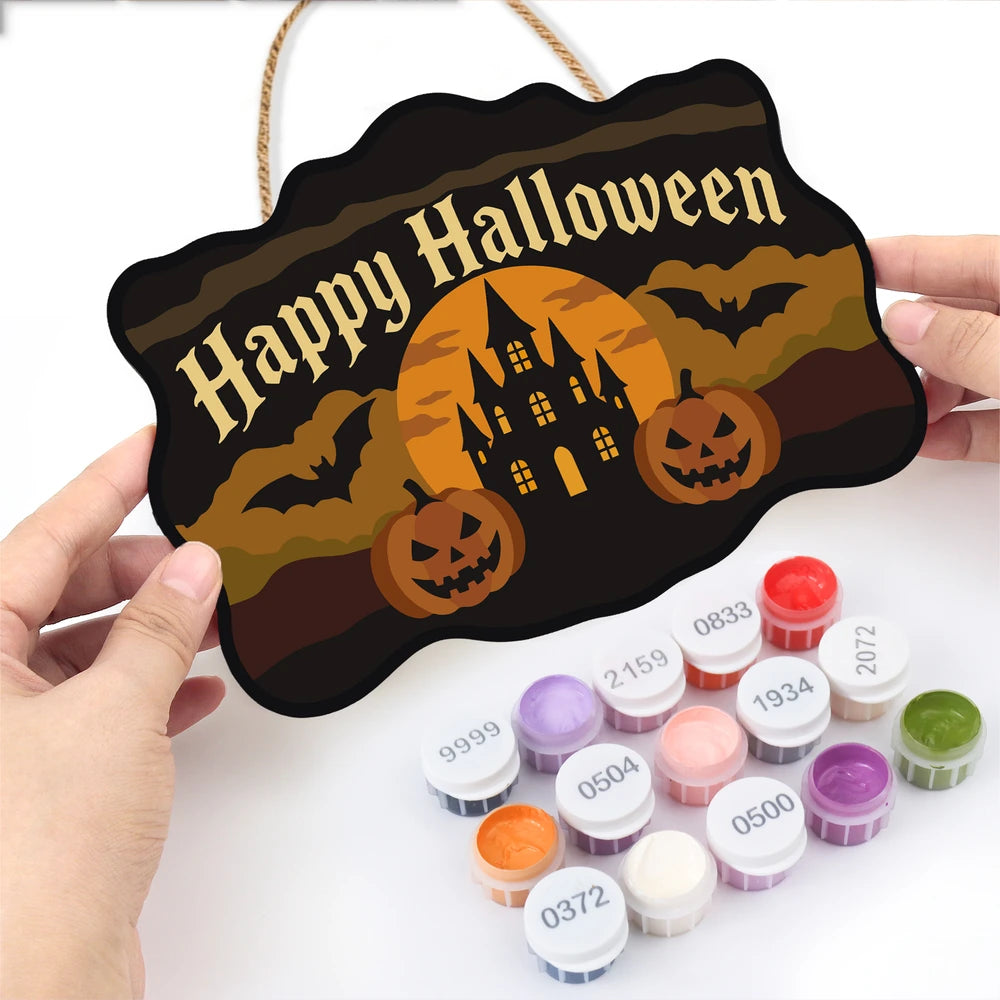 
Paint by Numbers - Wooden Door Hanger | Happy Halloween Castle and Pumpkins