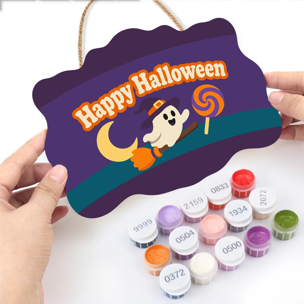 
Paint by Numbers - Wooden Door Hanger | Happy Halloween Ghost with a Lollipop