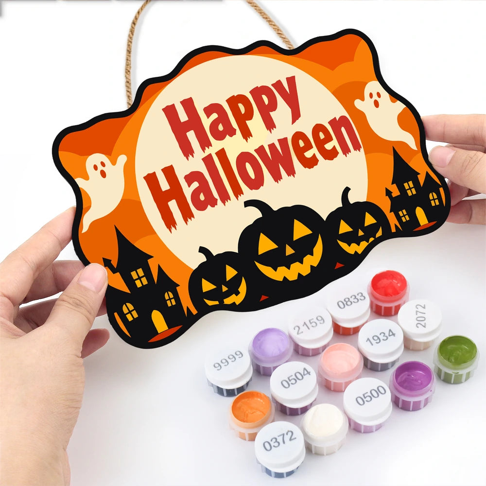 
Paint by Numbers - Wooden Door Hanger | Happy Halloween Ghosts Over the Town