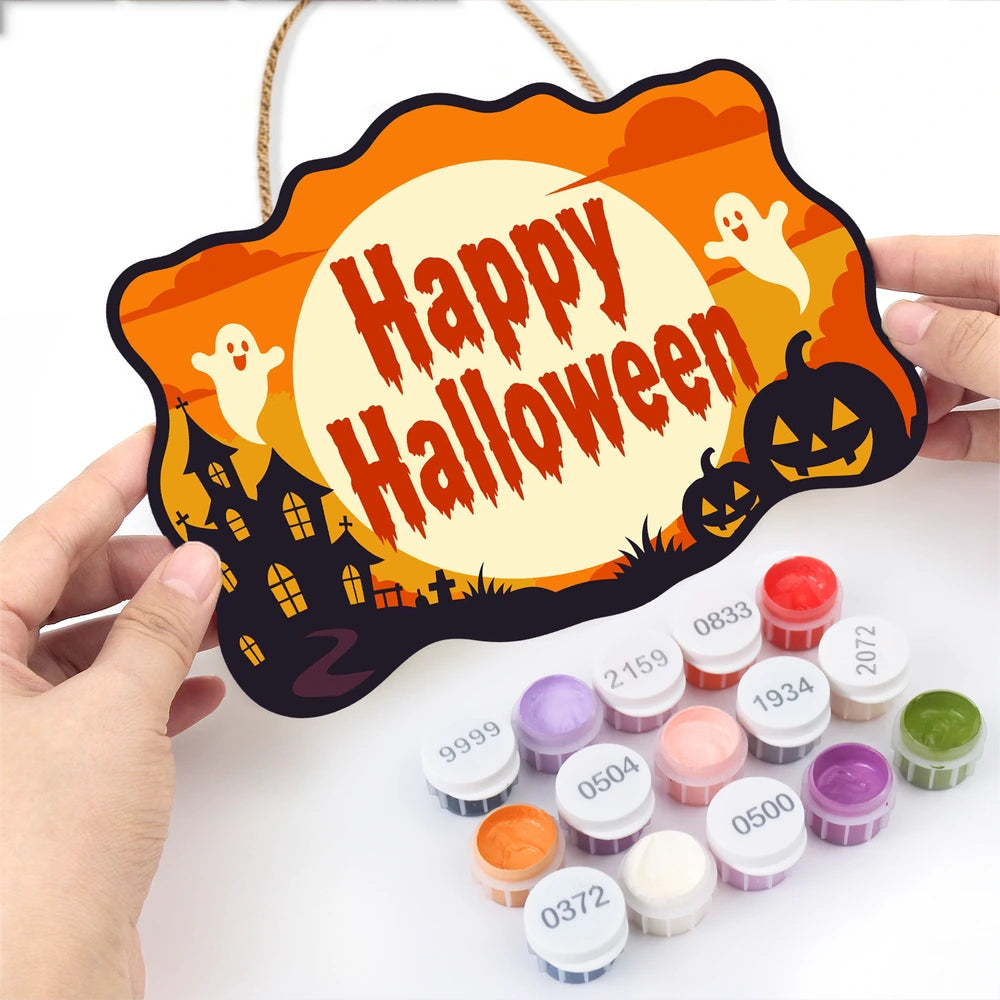Paint by Numbers - Wooden Door Hanger | Happy Halloween Ghosts in the Moon