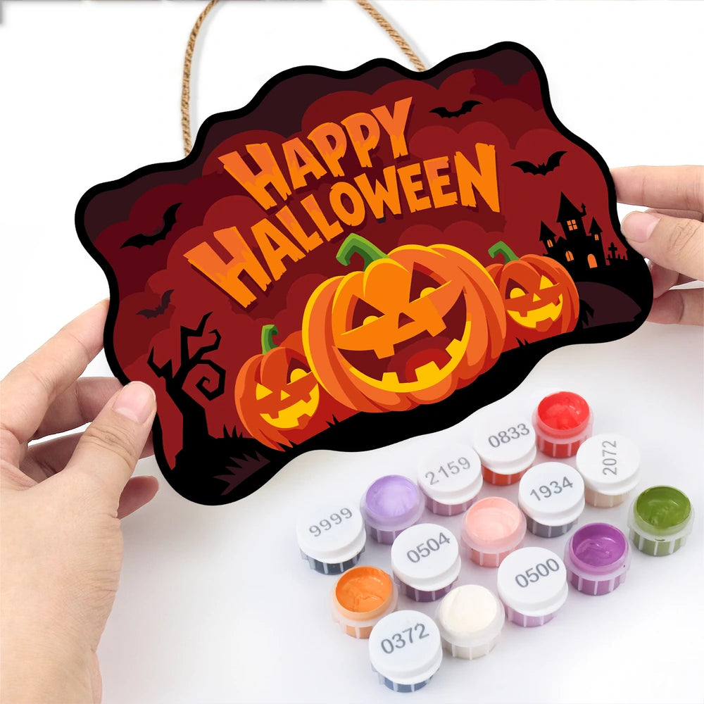 Paint by Numbers - Wooden Door Hanger | Happy Halloween Pumpkin Trio at Night