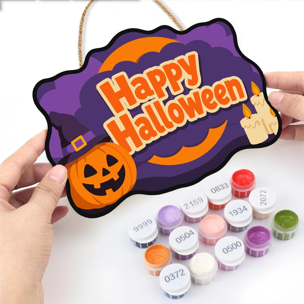 Paint by Numbers - Wooden Door Hanger | Happy Halloween Pumpkin and Candles