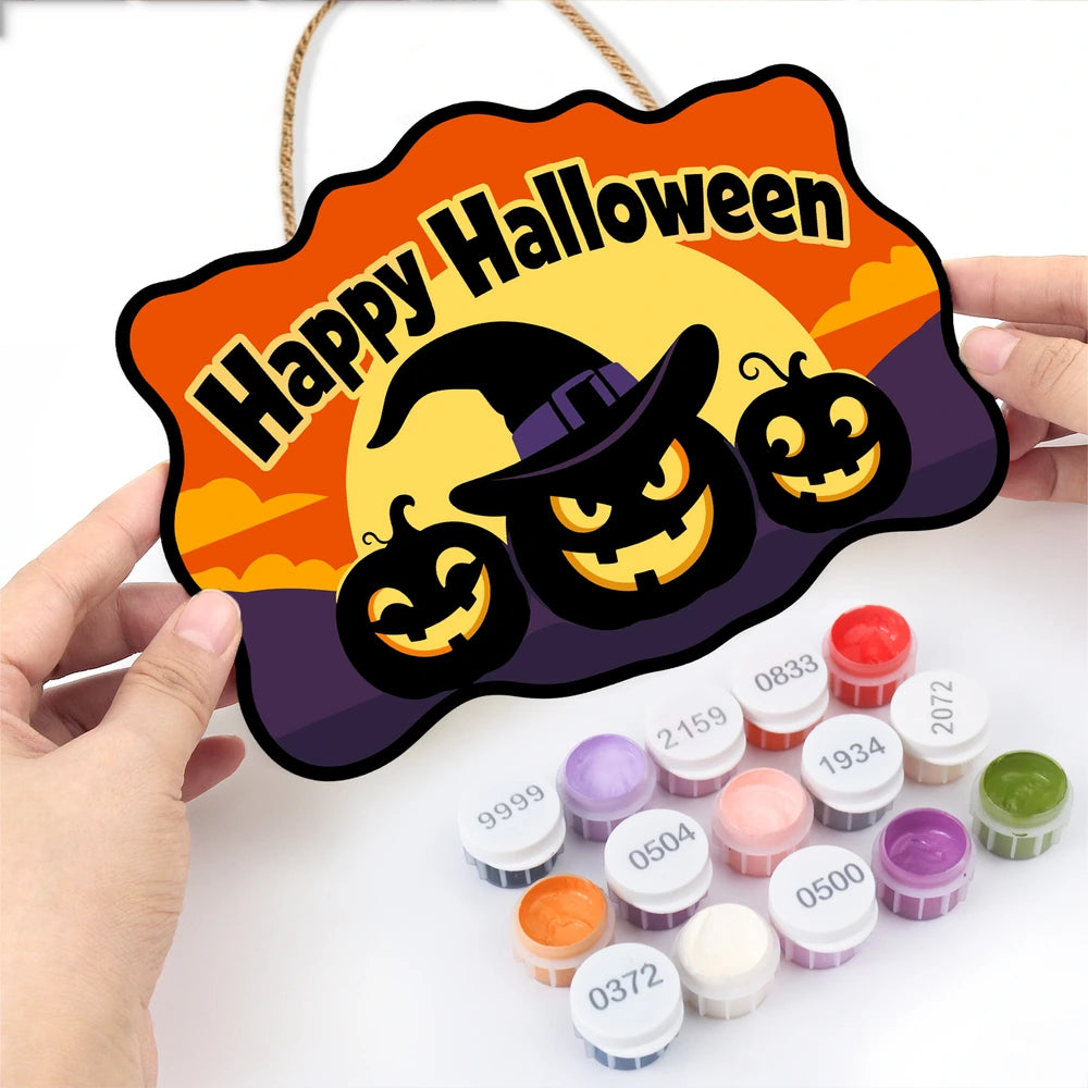 Paint by Numbers - Wooden Door Hanger | Happy Halloween Pumpkin in a Witch Hat