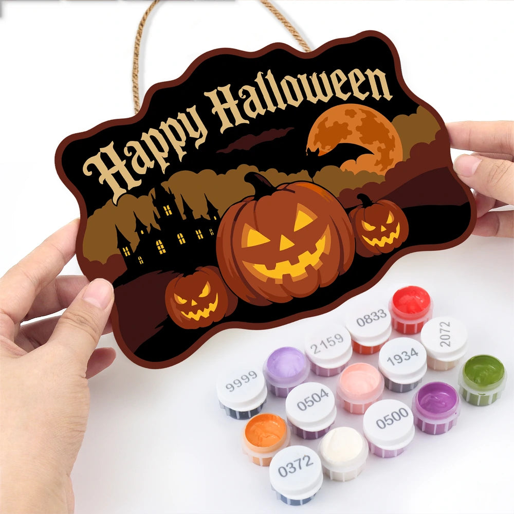 Paint by Numbers - Wooden Door Hanger | Happy Halloween Pumpkins and Castle