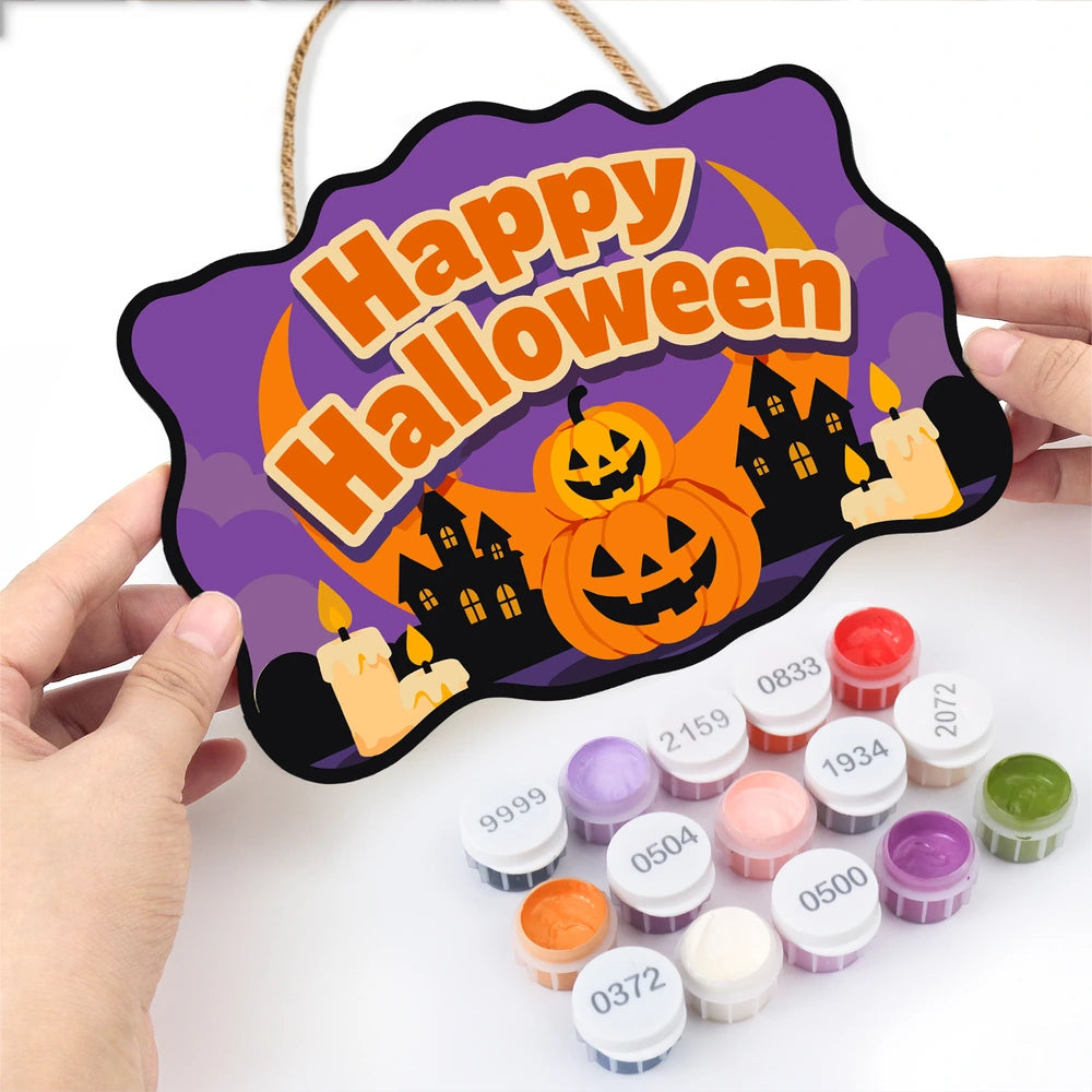 Paint by Numbers - Wooden Door Hanger | Happy Halloween Pumpkins and Haunted Houses