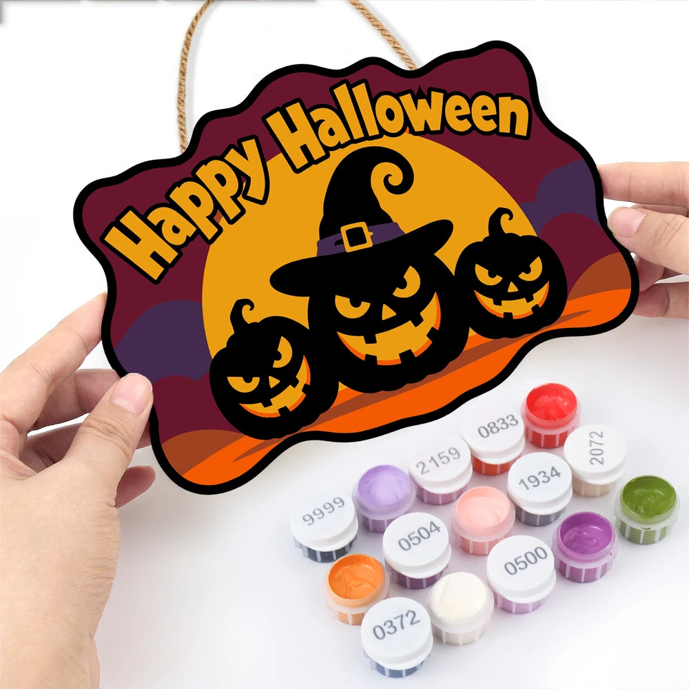 Paint by Numbers - Wooden Door Hanger | Happy Halloween Pumpkins in a Witch Hat