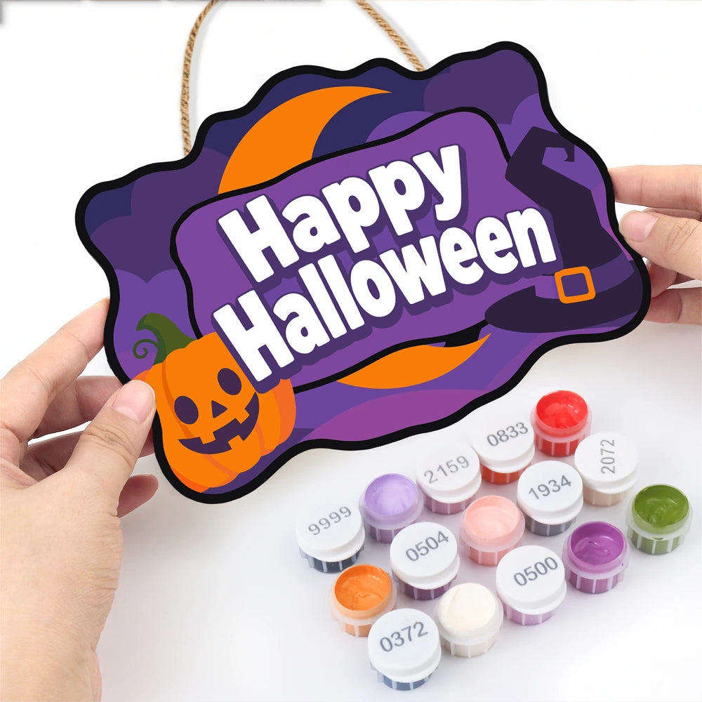Paint by Numbers - Wooden Door Hanger | Happy Halloween Purple Pumpkin