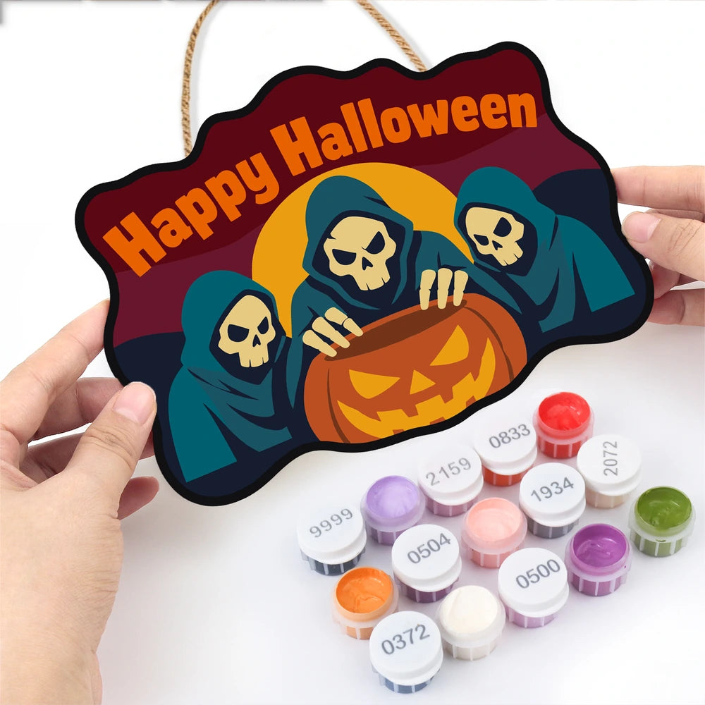 Paint by Numbers - Wooden Door Hanger | Happy Halloween Reapers Over a Pumpkin