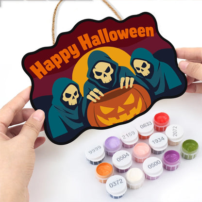 Paint by Numbers - Wooden Door Hanger | Happy Halloween Reapers Over a Pumpkin