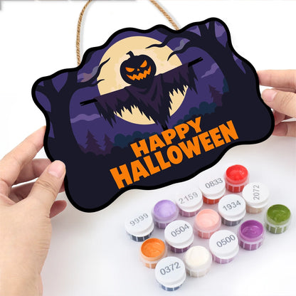 Paint by Numbers - Wooden Door Hanger | Happy Halloween Scarecrow Silhouette