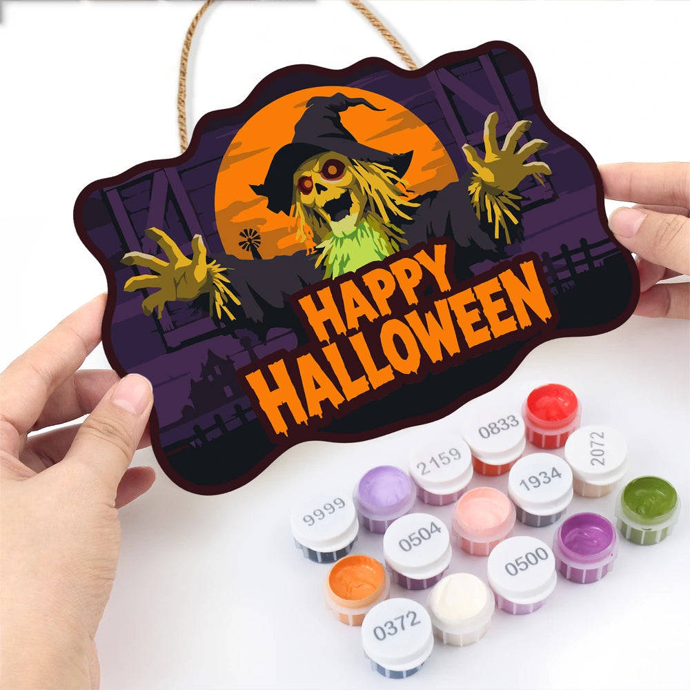 Paint by Numbers - Wooden Door Hanger | Happy Halloween Scarecrow at Night