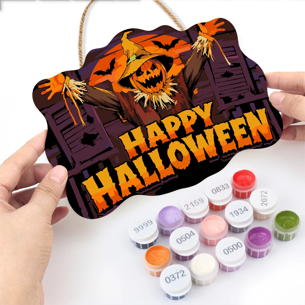 Paint by Numbers - Wooden Door Hanger | Happy Halloween Scarecrow at the Window