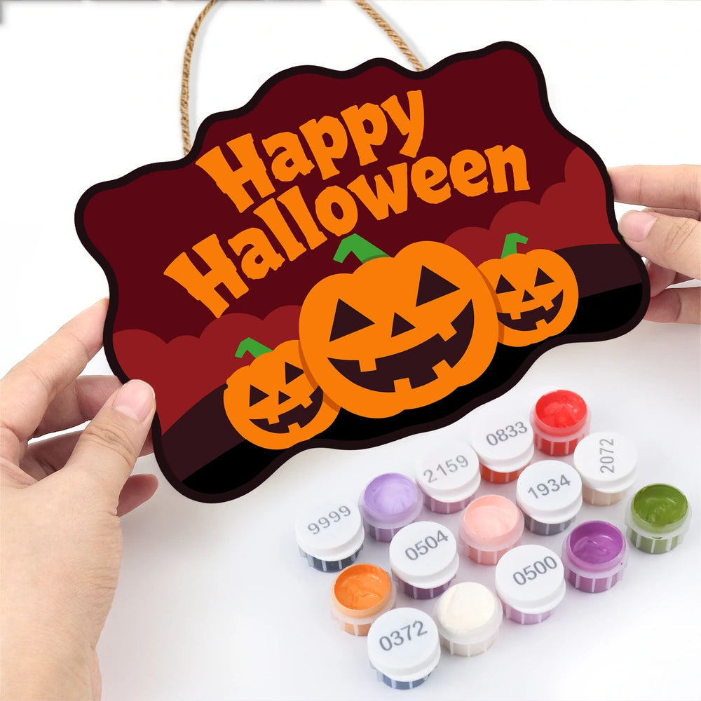 Paint by Numbers - Wooden Door Hanger | Happy Halloween Three Pumpkins
