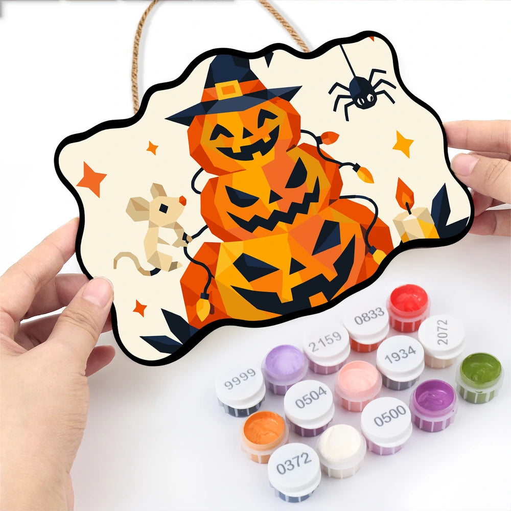 Paint by Numbers - Wooden Door Hanger | Jack-o'-Lantern Tower with a Mouse