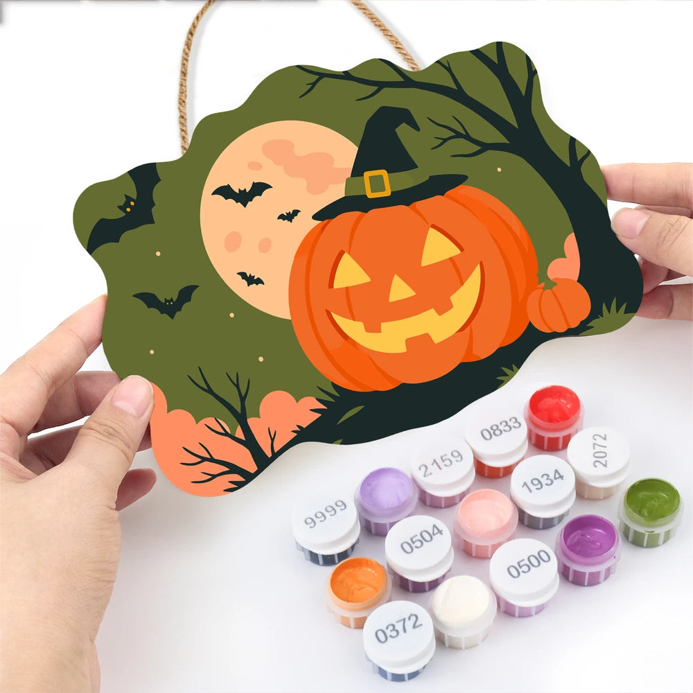 
Paint by Numbers - Wooden Door Hanger | Jack-o'-Lantern in a Witch Hat