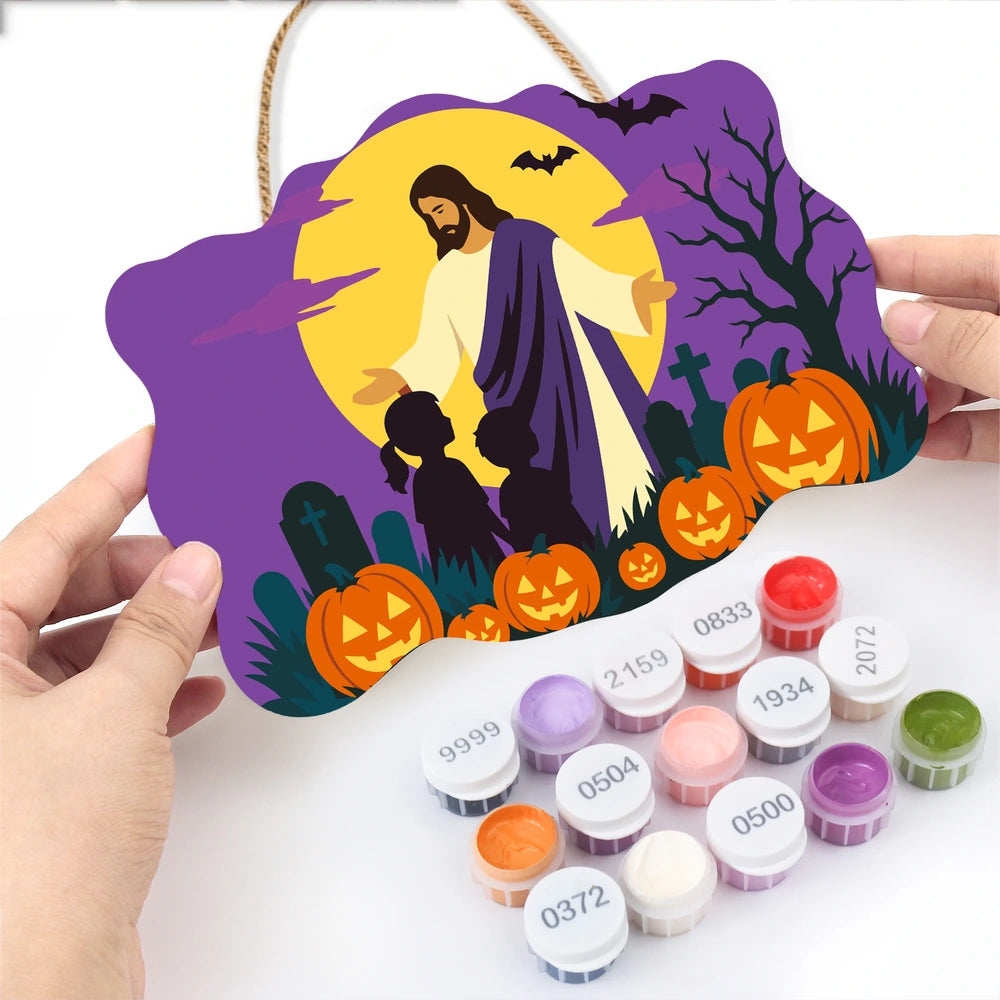Paint by Numbers - Wooden Door Hanger | Jesus Blessing the Children at Halloween