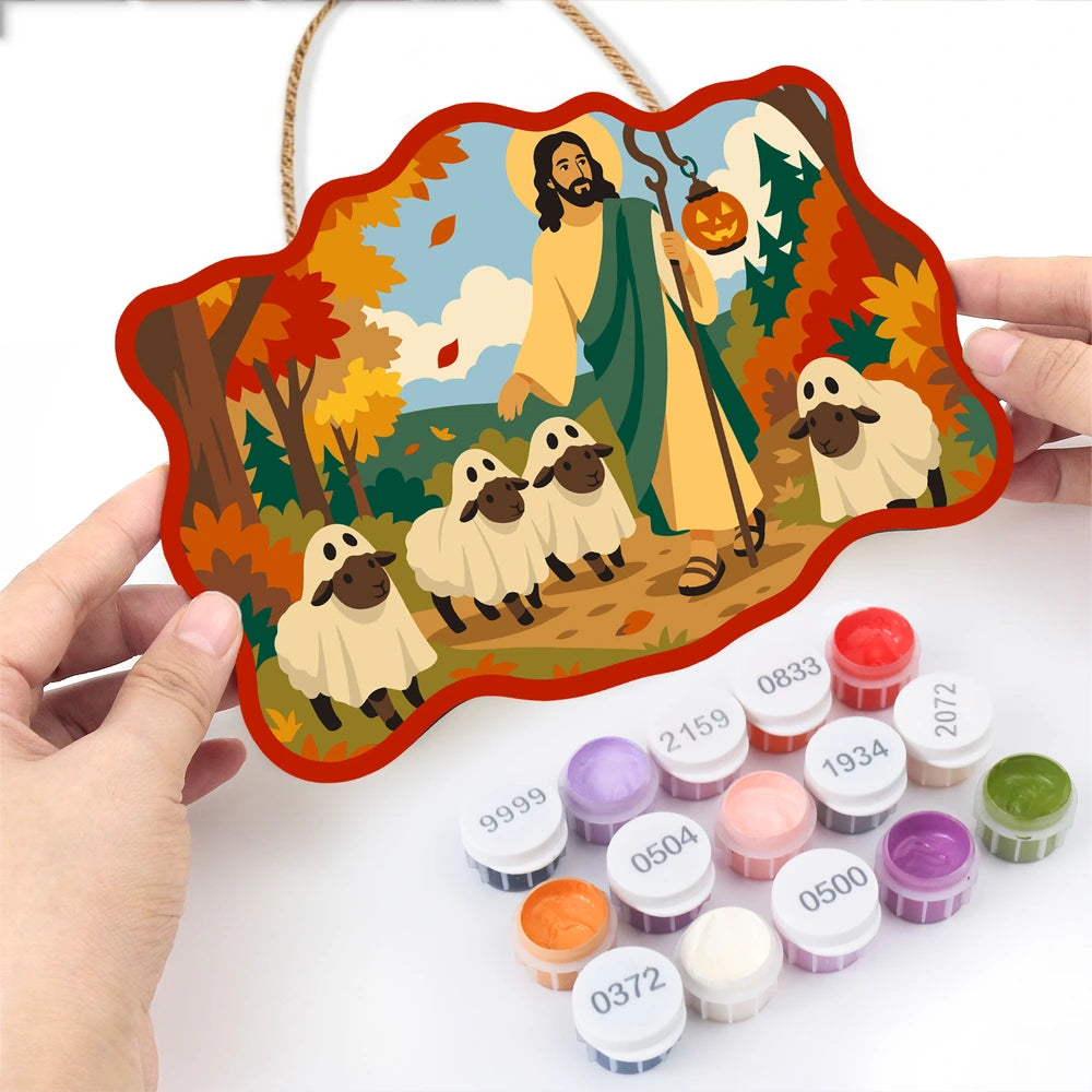 
Paint by Numbers - Wooden Door Hanger | Jesus the Shepherd with a Lantern
