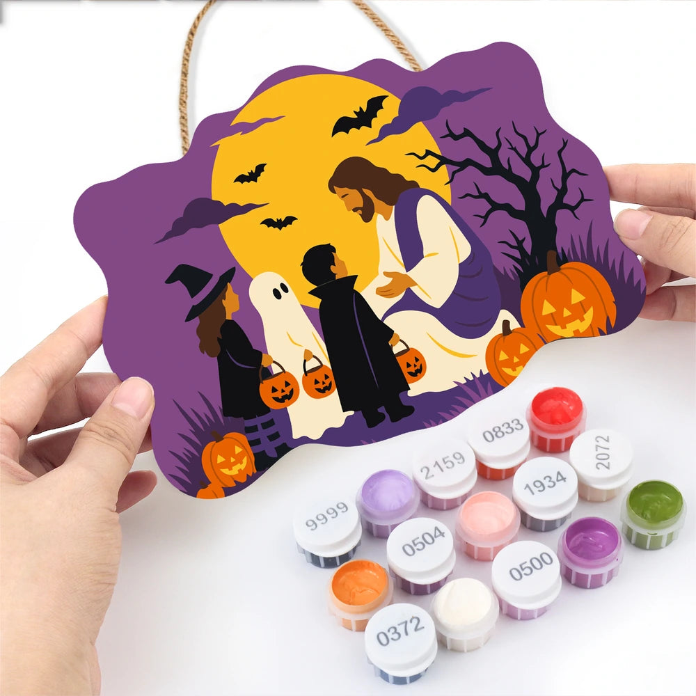 Paint by Numbers - Wooden Door Hanger | Jesus with Trick-or-Treaters