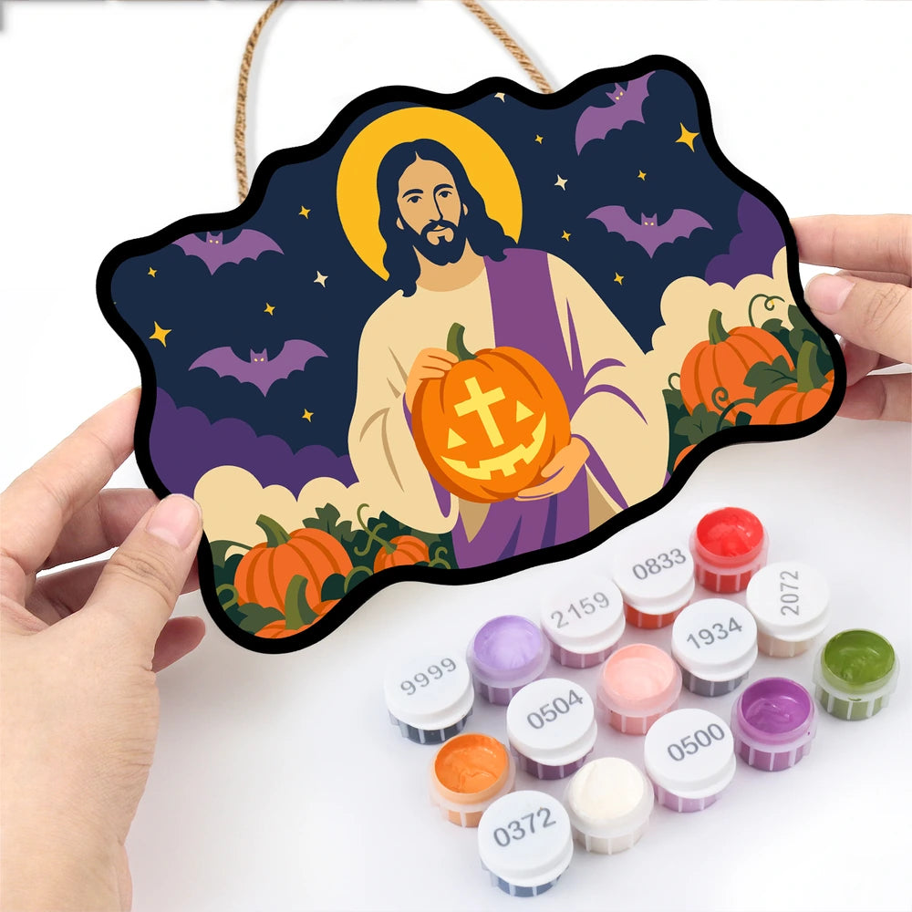 Paint by Numbers - Wooden Door Hanger | Jesus with a Cross Pumpkin