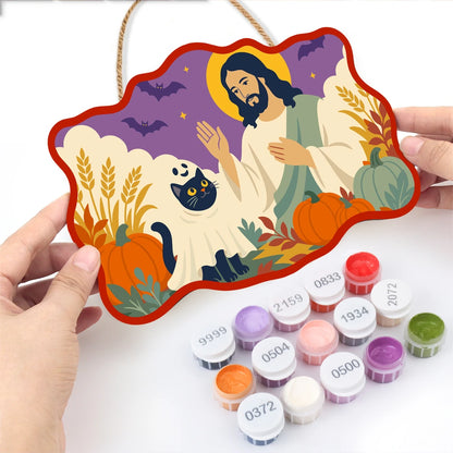 Paint by Numbers - Wooden Door Hanger | Jesus with a Ghost Cat