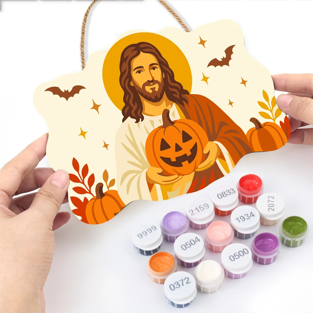 Paint by Numbers - Wooden Door Hanger | Jesus with a Jack-o'-Lantern in Autumn