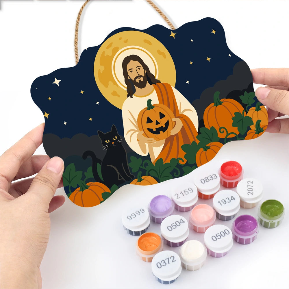 Paint by Numbers - Wooden Door Hanger | Jesus with a Pumpkin and Black Cat