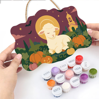 Paint by Numbers - Wooden Door Hanger | Lamb Resting in the Pumpkin Patch