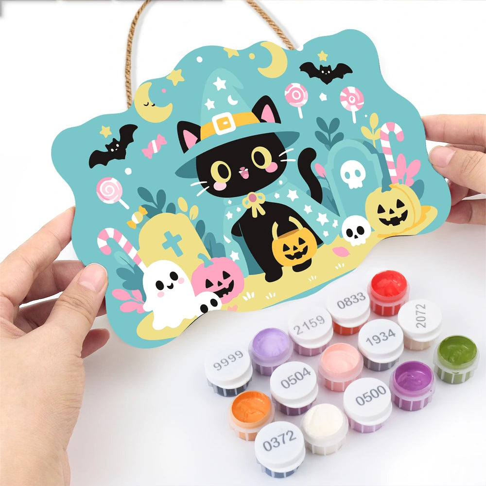 Paint by Numbers - Wooden Door Hanger | Little Black Cat with a Candy Bucket