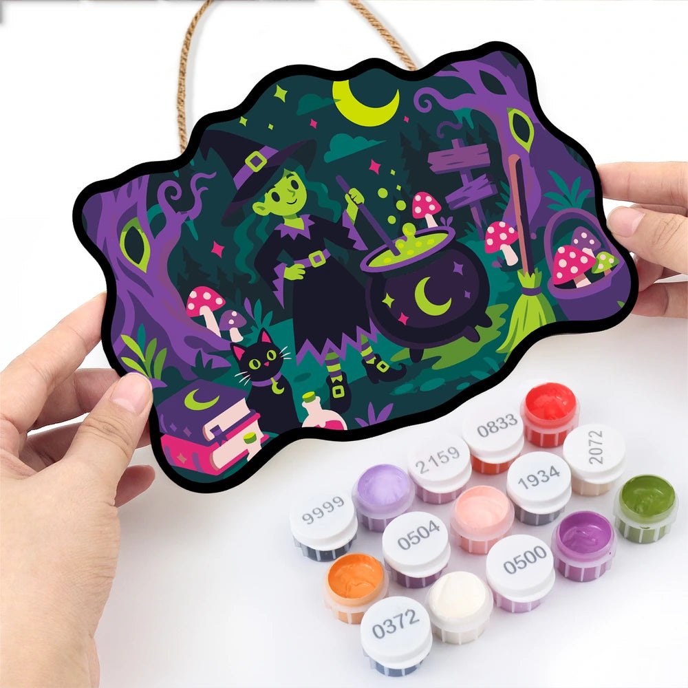 Paint by Numbers - Wooden Door Hanger | Little Witch at the Mushroom Cauldron