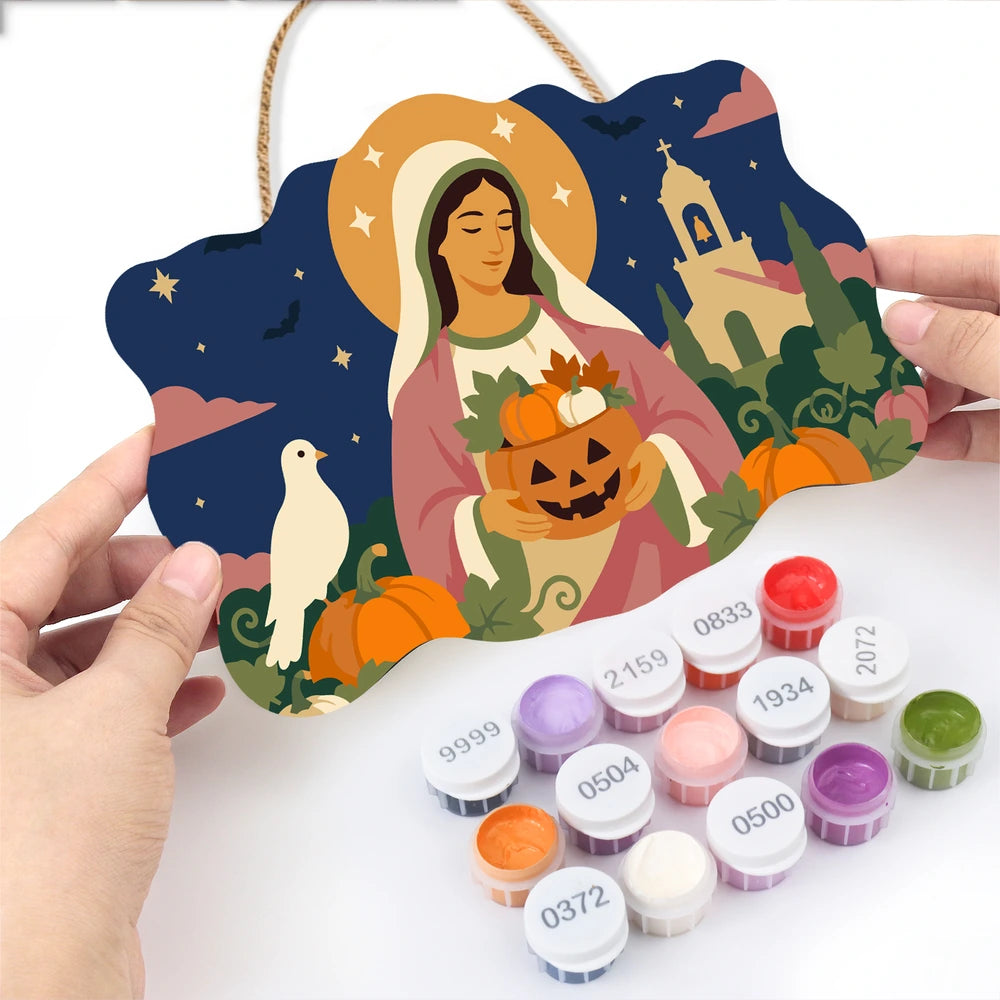 Paint by Numbers - Wooden Door Hanger | Mary with the Harvest Pumpkin