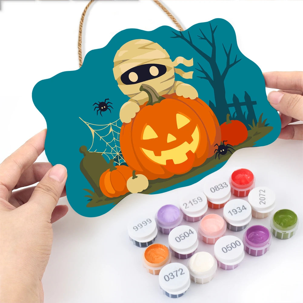 Paint by Numbers - Wooden Door Hanger | Mummy Behind a Jack-o'-Lantern