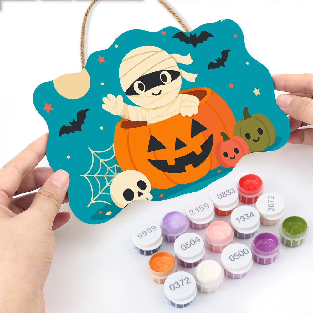 Paint by Numbers - Wooden Door Hanger | Mummy in a Jack-o'-Lantern