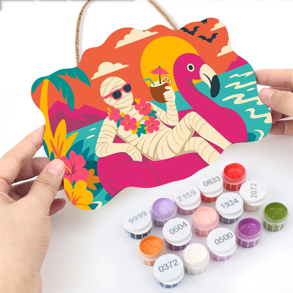 Paint by Numbers - Wooden Door Hanger | Mummy on a Flamingo Float