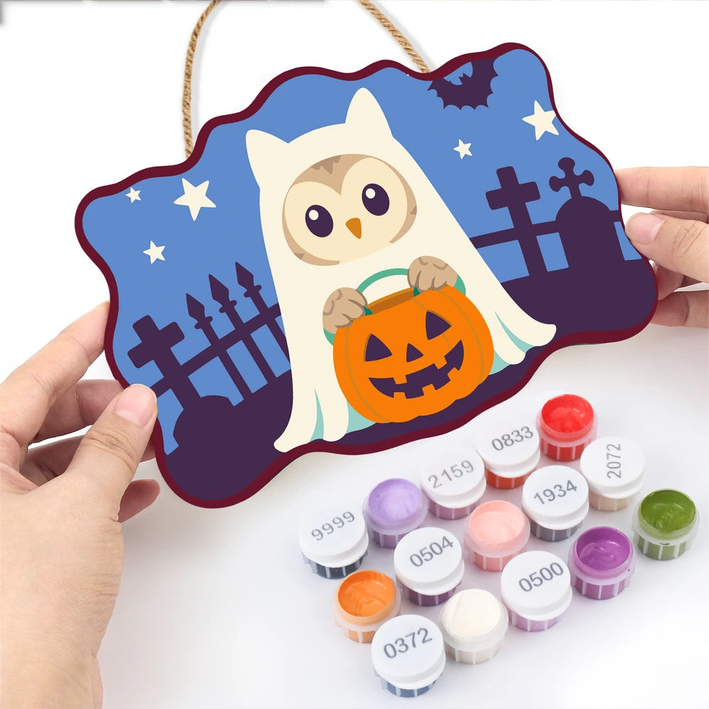 Paint by Numbers - Wooden Door Hanger | Owl Ghost with a Pumpkin
