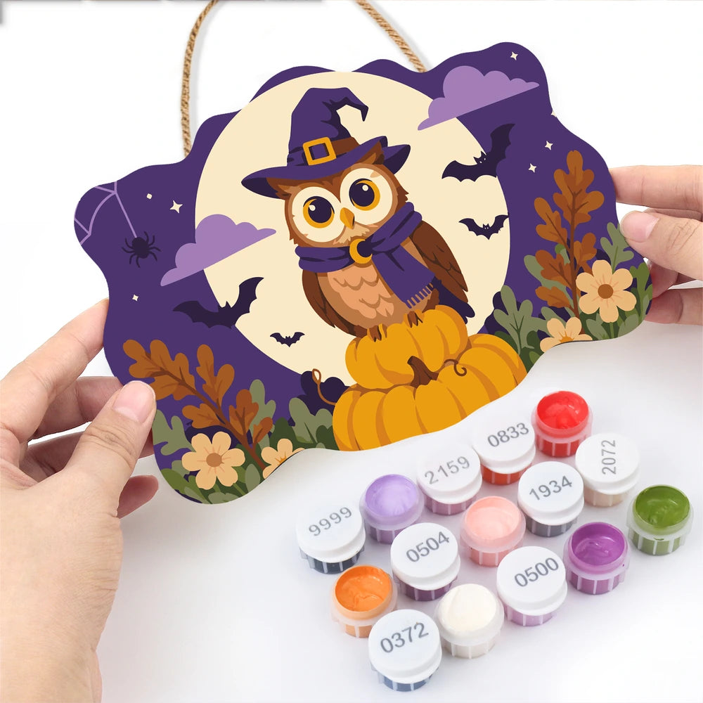 Paint by Numbers - Wooden Door Hanger | Owl in a Witch Hat in the Moon
