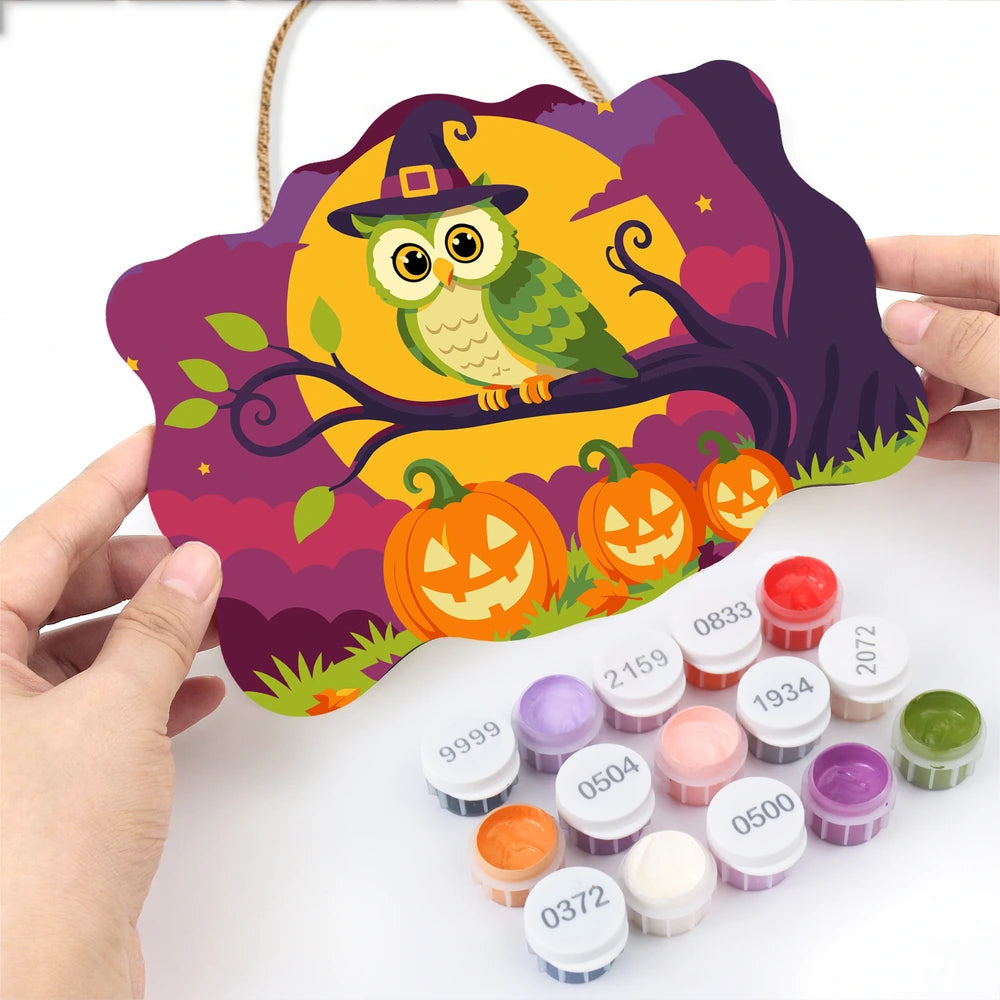 Paint by Numbers - Wooden Door Hanger | Owl in a Witch Hat on a Branch