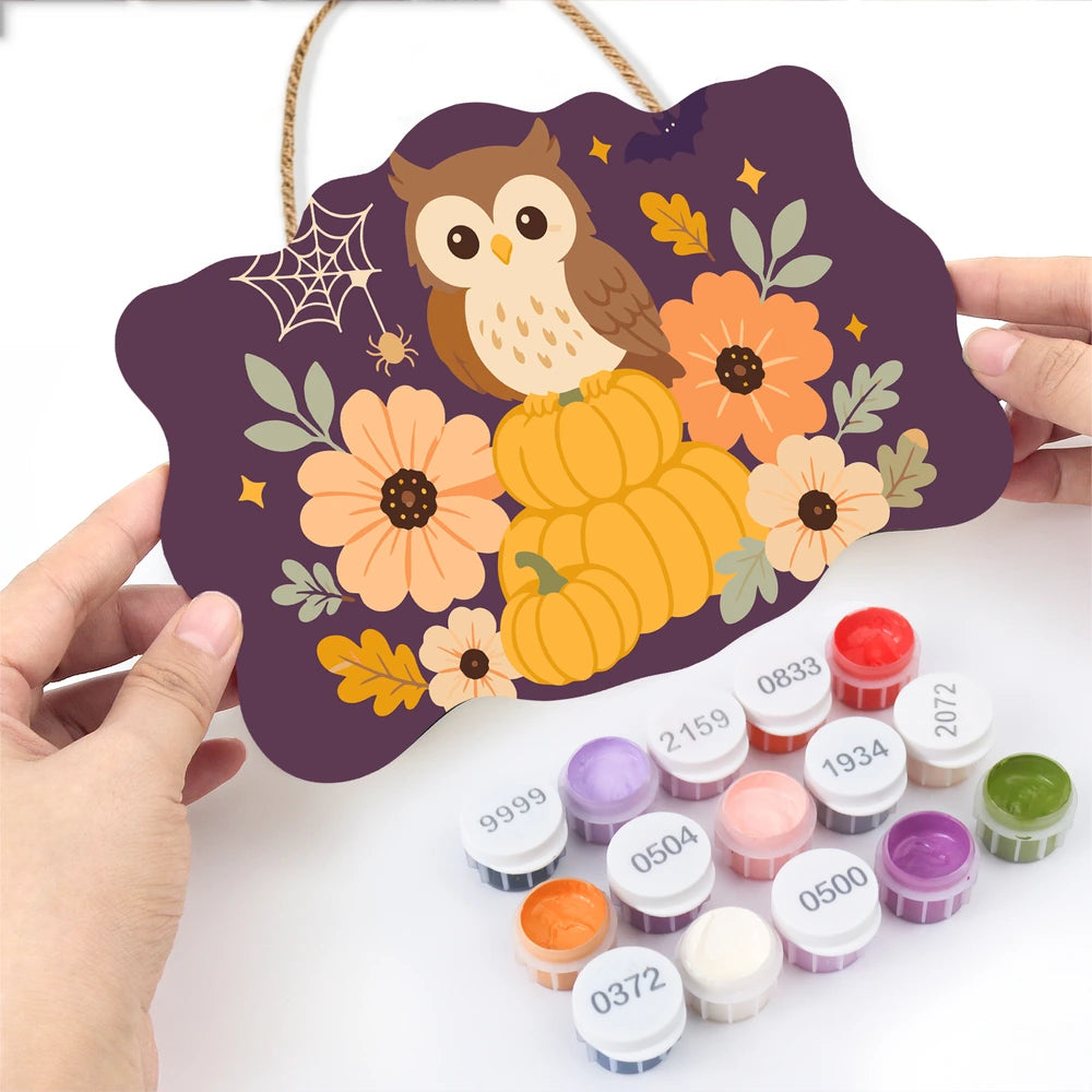 Paint by Numbers - Wooden Door Hanger | Owl on Pumpkins with Flowers