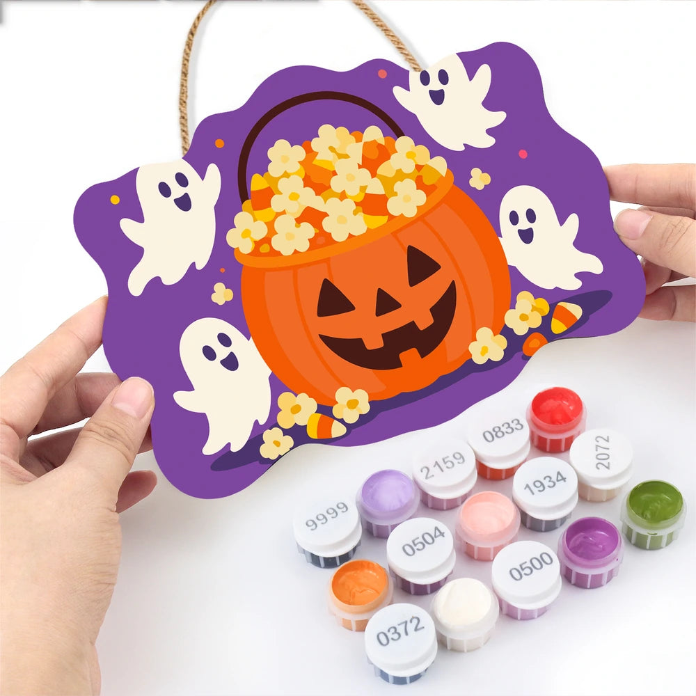 Paint by Numbers - Wooden Door Hanger | Popcorn Pumpkin Bucket with Ghosts