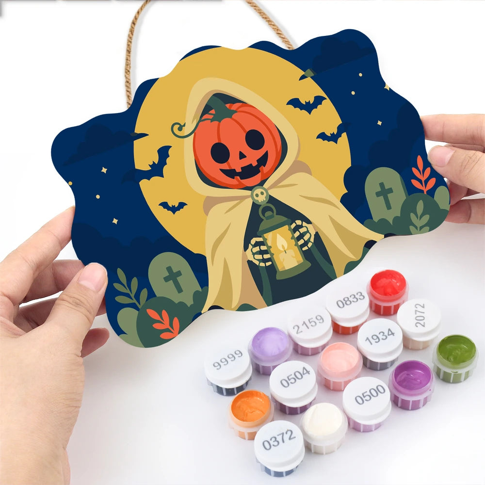 Paint by Numbers - Wooden Door Hanger | Pumpkin Reaper with a Lantern