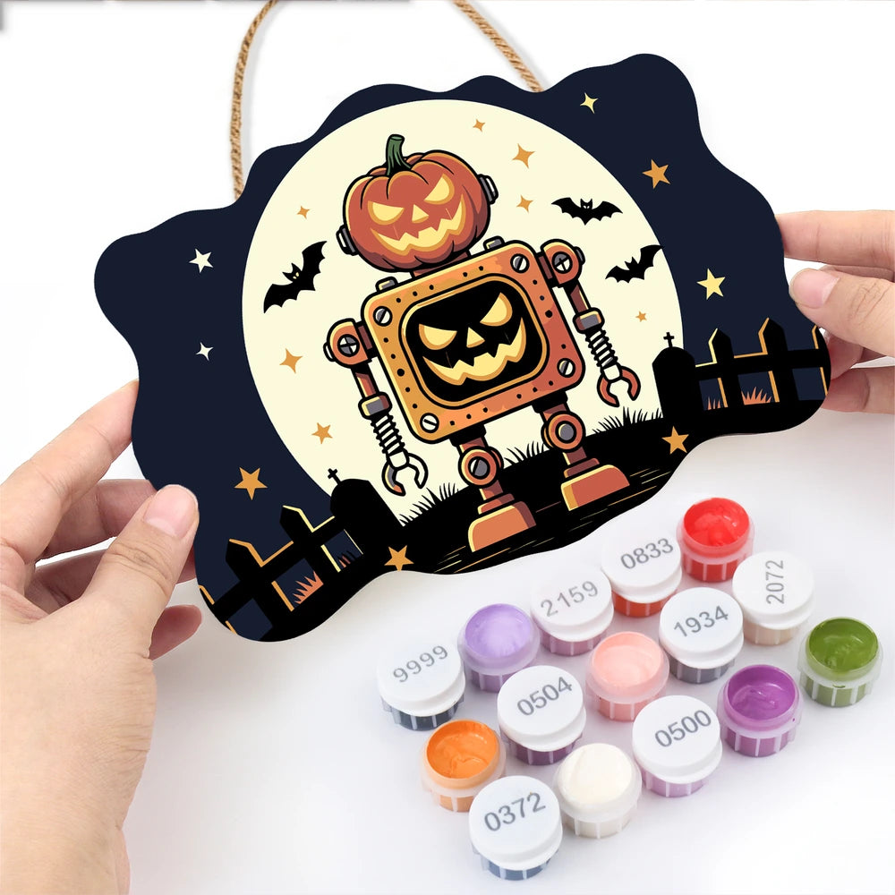 
Paint by Numbers - Wooden Door Hanger | Pumpkin Robot Under the Moon