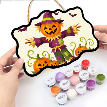 Paint by Numbers - Wooden Door Hanger | Pumpkin Scarecrow in Geometric Style