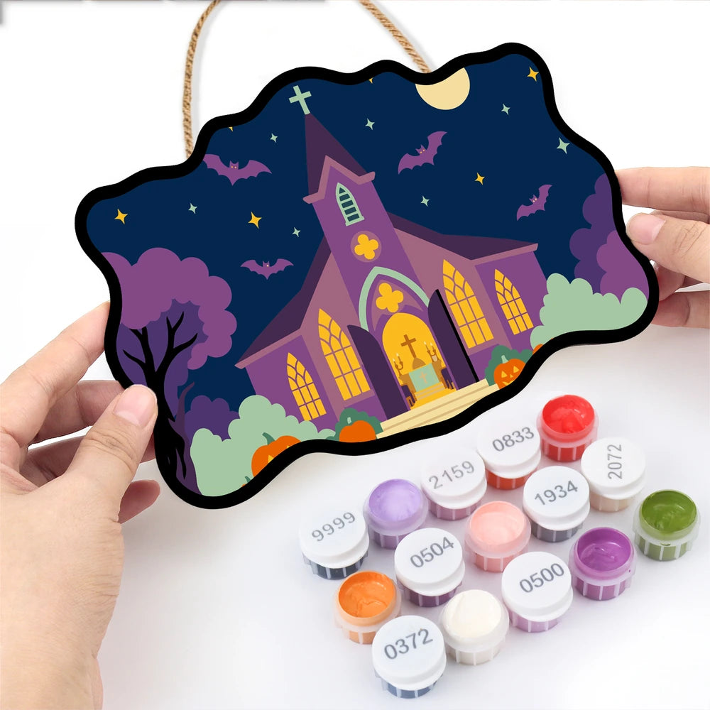 Paint by Numbers - Wooden Door Hanger | Purple Church on Halloween Night