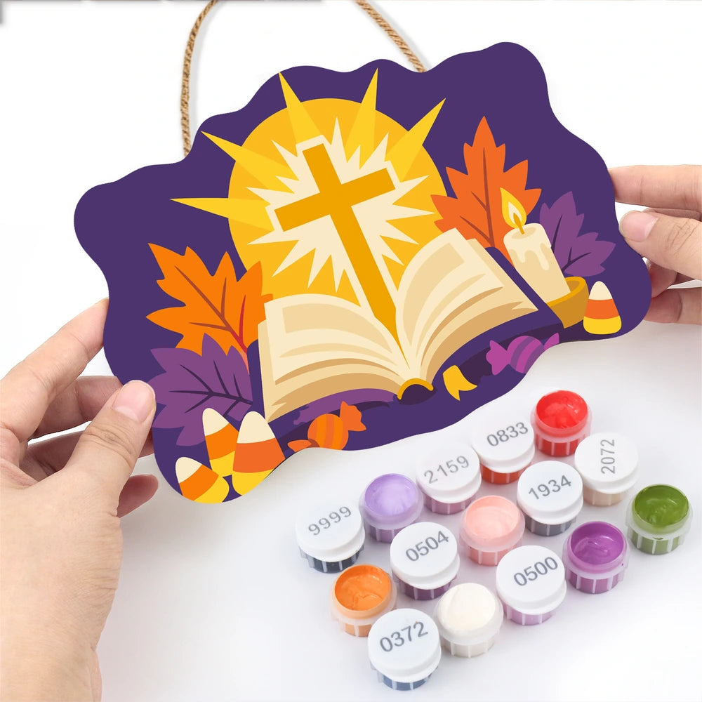 Paint by Numbers - Wooden Door Hanger | Shining Cross Over the Open Bible