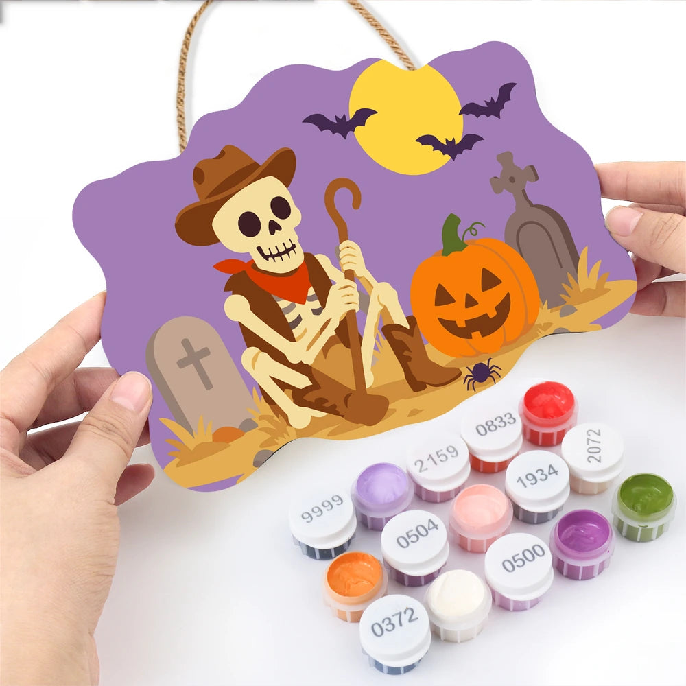Paint by Numbers - Wooden Door Hanger | Skeleton Cowboy in the Graveyard
