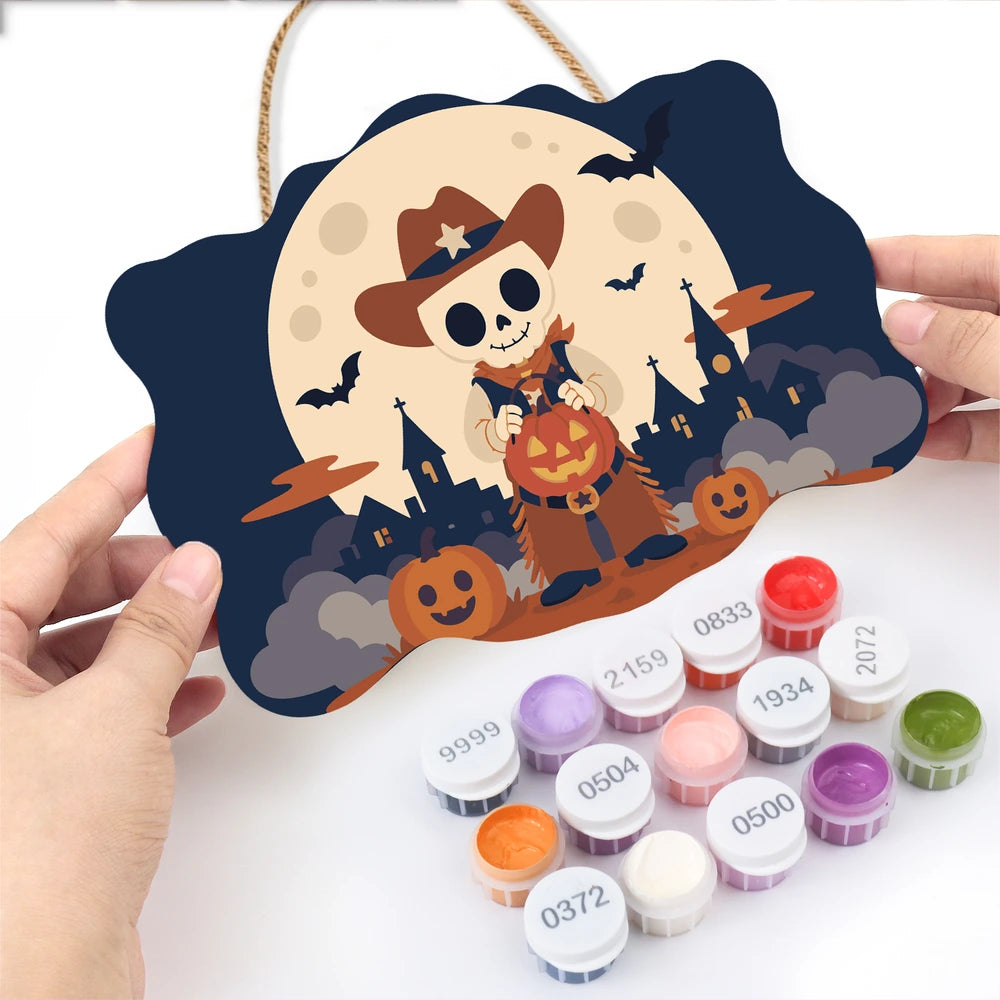 Paint by Numbers - Wooden Door Hanger | Skeleton Cowboy with a Pumpkin