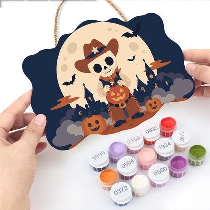 Paint by Numbers - Wooden Door Hanger | Skeleton Cowboy with a Pumpkin