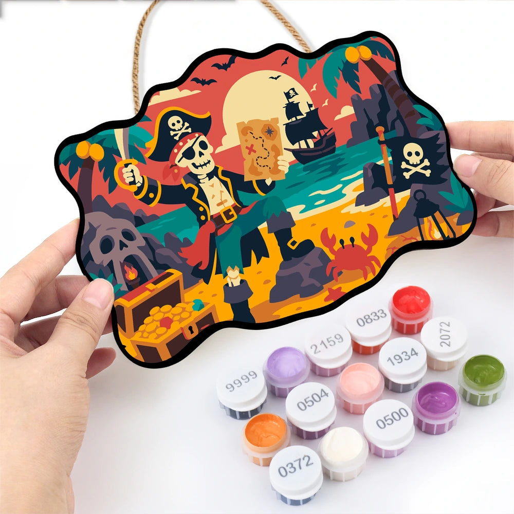 
Paint by Numbers - Wooden Door Hanger | Skeleton Pirate with a Treasure Map