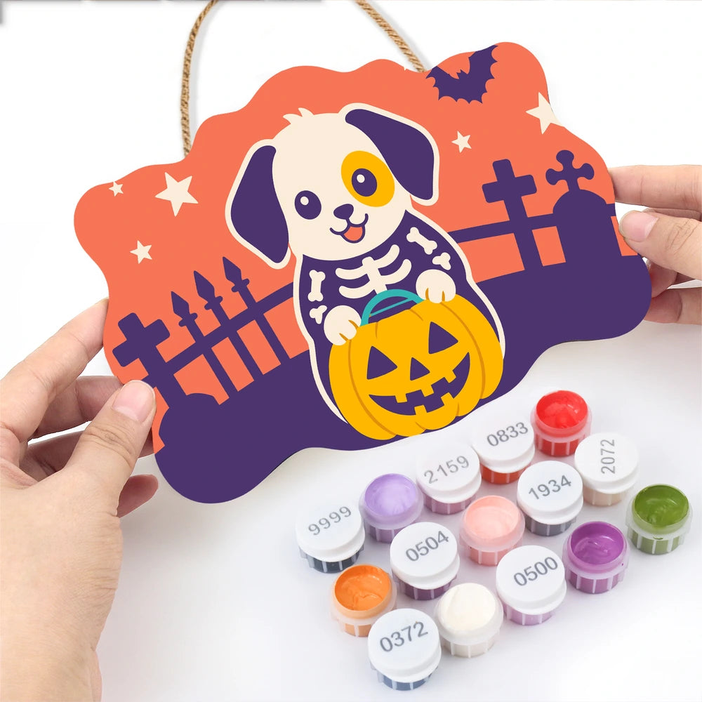 
Paint by Numbers - Wooden Door Hanger | Skeleton Puppy with a Pumpkin